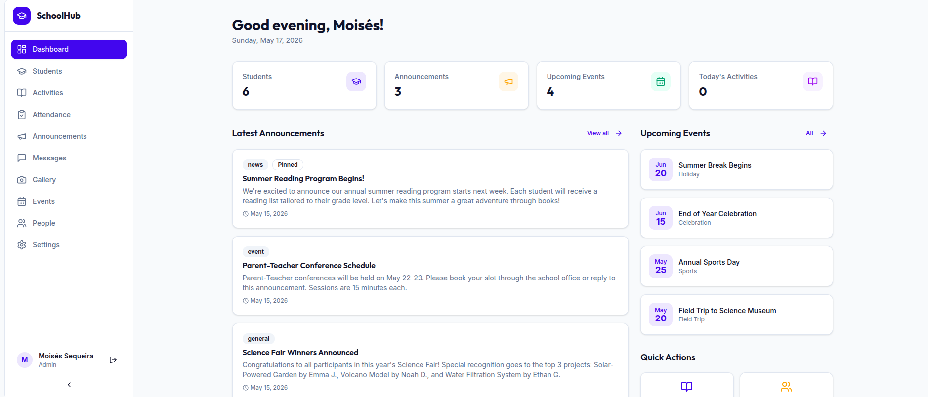 SchoolHub dashboard preview